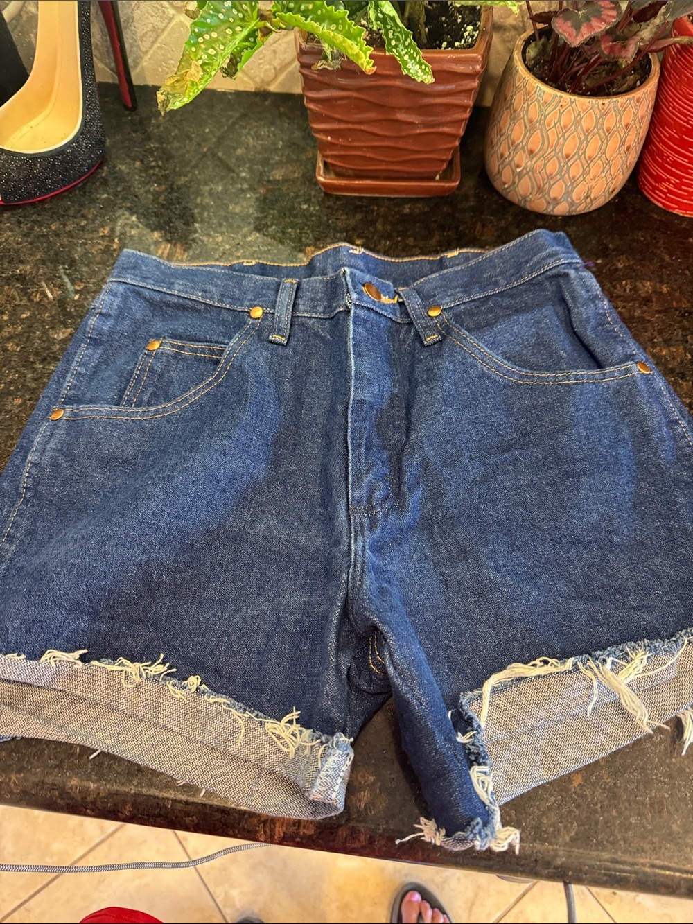 Wrangler Dark Blue High-Rise Frayed Denim Shorts